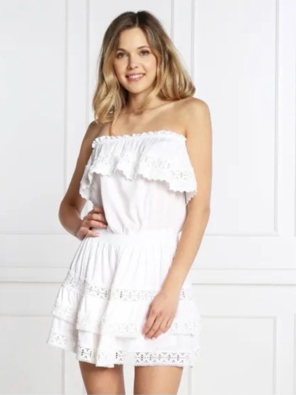 Melissa Odabash Salma Strapless Macramé Lace-trimmed Woven Mini Dress size large - Picture 3 of 10
